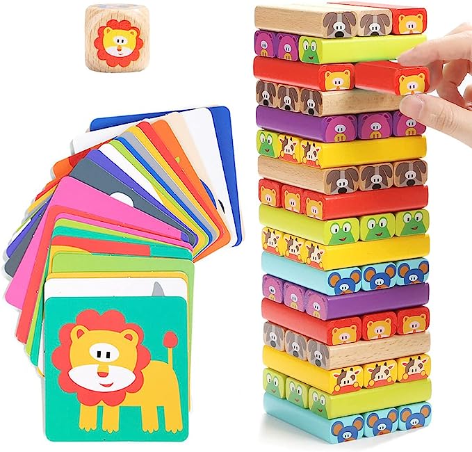 Nene Toys Wooden Tumble Tower Game for Kids 4 in 1 with Animals and Colours - Family Board Game for Girls Boys Age 3-9 years old - Educational Toy that Develops Children’s Cognitive Skills