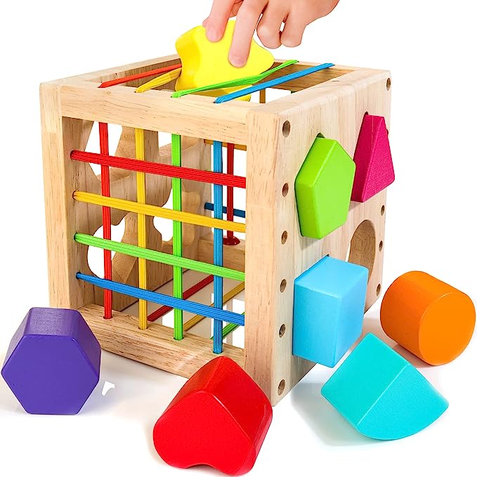 Wooden Shape Sorter Cube, Montessori Educational Toy Set for 1 Year Old, 8pcs Colorful Multisensory Shapes Activity Cube Baby Toys, Developmental Learning Toy Gift for Baby Girls Boys 6-12-18 Months