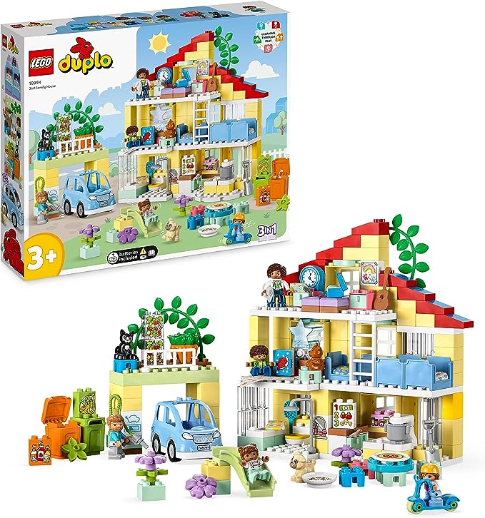 LEGO 10994 DUPLO Town 3in1 Family House, Brick-Built Dolls House with Push&Go Car, 5 Figures, 2 Animals and Light-Up Toy Lamp, Playhouse Toys for Toddlers, Girls and Boys Aged 3+