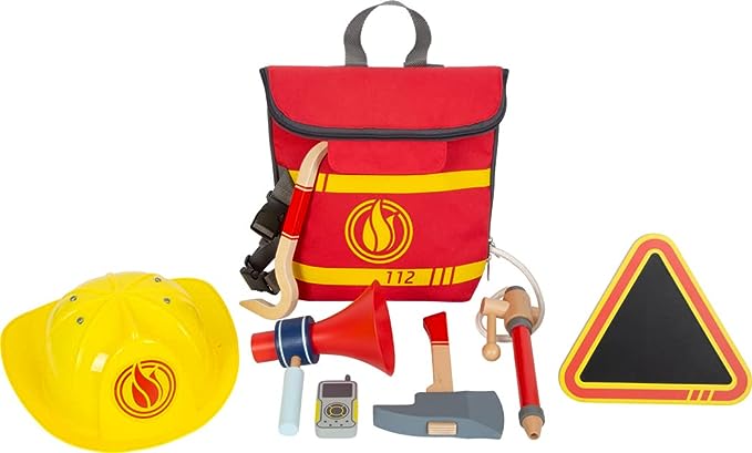 small foot Fire Brigade Backpack with accessories, wooden fire brigade toys for role play, for kids aged 3+ years, 12361