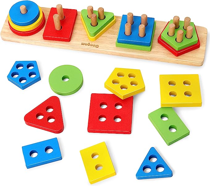 Coogam Wooden Sorting & Stacking Toys, Shape Color Recognition Blocks Matching Puzzle Stacker, Montessori Early Educational Block Puzzles for Years Old Boys and Girls