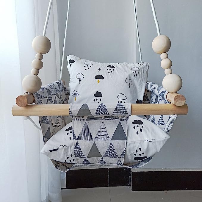 HB.YE Wooden Baby Swing Seat Set with Beads Cushions, Handmade Kids Indoor Outdoor Hanging Chair Hammock, Comfortable Toddler Seat Nursery Decor - Grey Triangular