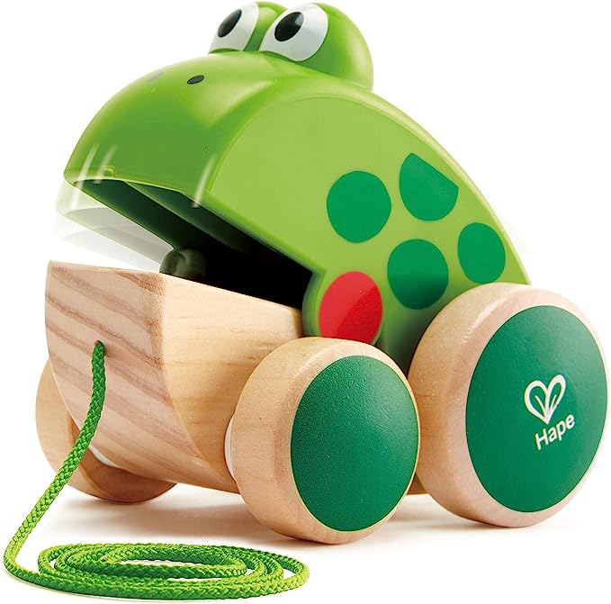 Hape Frog Pull Along | Wooden Frog Fly-Eating Pull Toddler Toy, Bright Colours