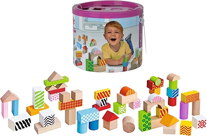 EICHHORN 100002226 Shap Wooden Building Blocks Construction Set | 50 Colourful Pieces Crafted from Beech Wood | Comes with Storage can with Shapesorter Lid| Ages 1+, Multicolour