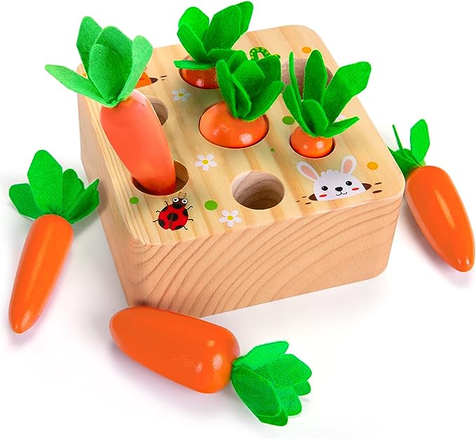 XIAPIA Wooden Toys for 1 2 3 Year Old Boys Girls Sorting Game, 6-12 Months Baby Carrots Harvest Wooden Puzzle, Educational Montessori Carrots Toys Motor Skills Toys, Gift for Kids First Birthday